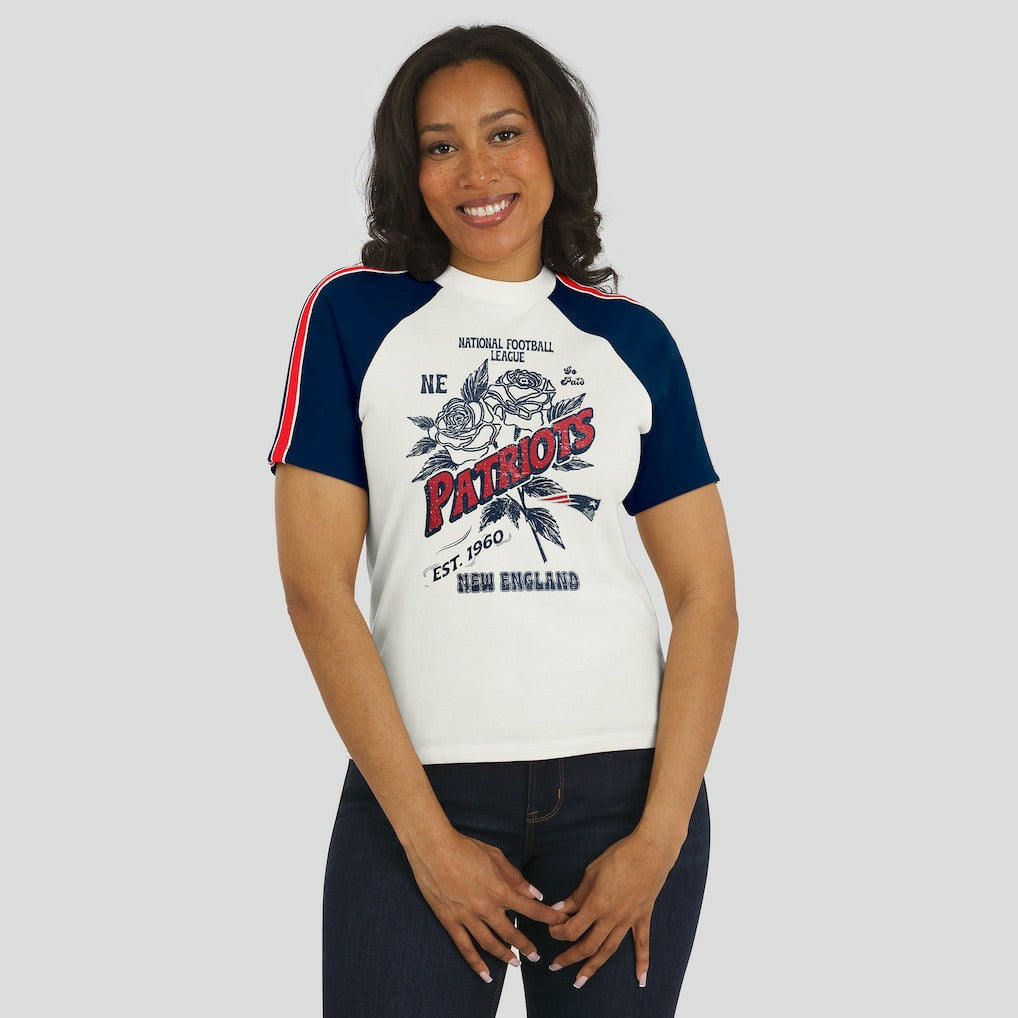New England Patriots  WEAR by Erin Andrews Women's Sleeve Stripe Distressed Raglan T-Shirt