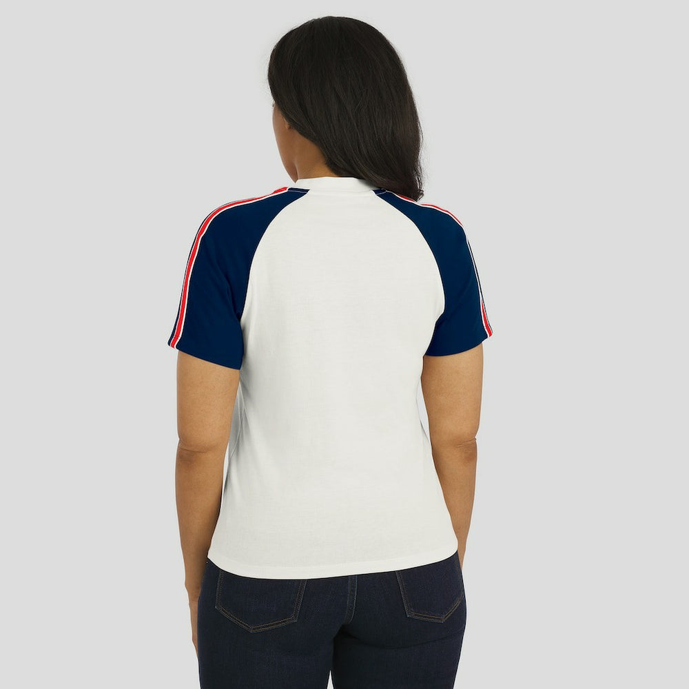 New England Patriots  WEAR by Erin Andrews Women's Sleeve Stripe Distressed Raglan T-Shirt