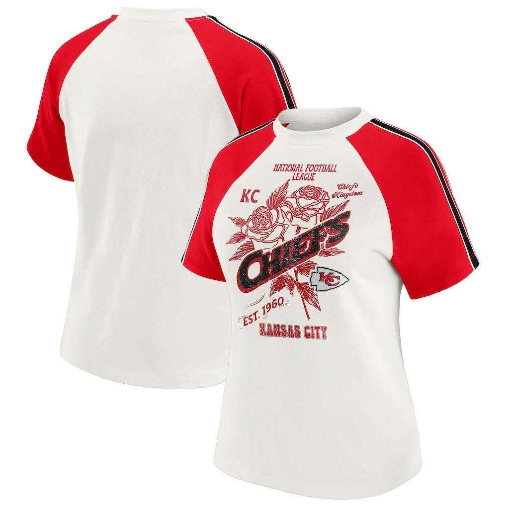 Kansas City Chiefs  WEAR by Erin Andrews Women's Sleeve Stripe Distressed Raglan T-Shirt