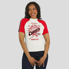 Kansas City Chiefs  WEAR by Erin Andrews Women's Sleeve Stripe Distressed Raglan T-Shirt
