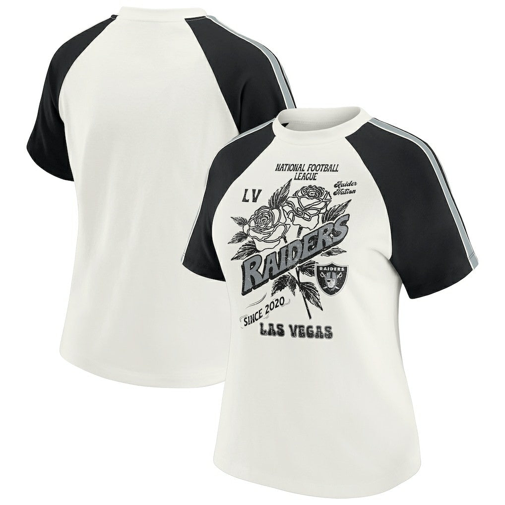 Las Vegas Raiders  WEAR by Erin Andrews Women's Sleeve Stripe Distressed Raglan T-Shirt