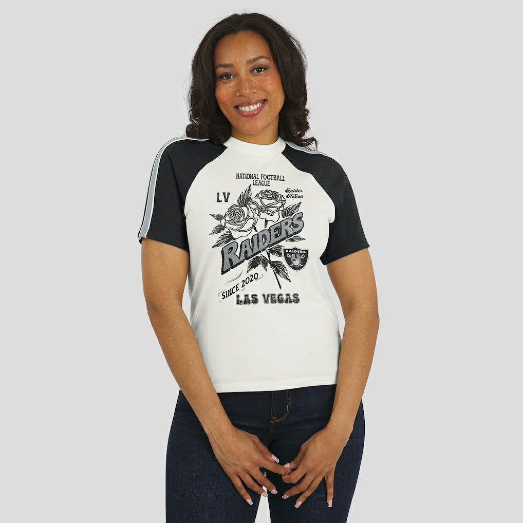Las Vegas Raiders  WEAR by Erin Andrews Women's Sleeve Stripe Distressed Raglan T-Shirt