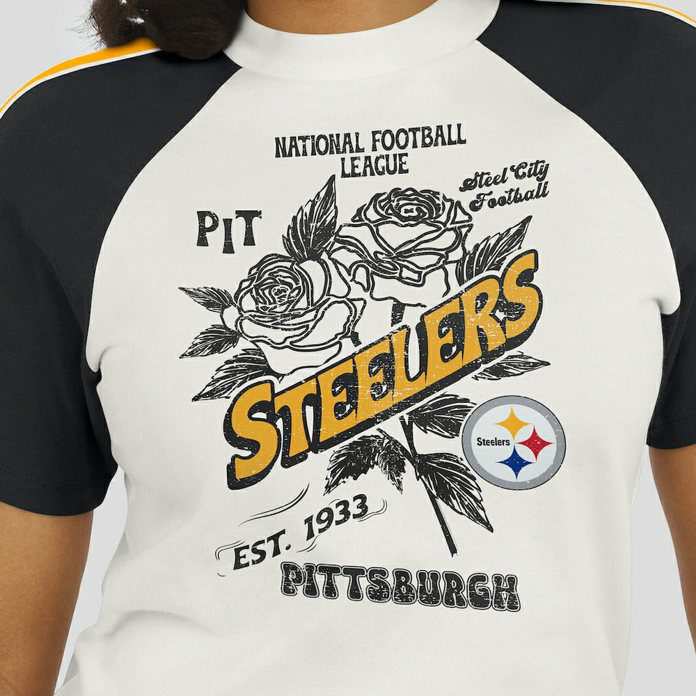 Pittsburgh Steelers  WEAR by Erin Andrews Women's Sleeve Stripe Distressed Raglan T-Shirt