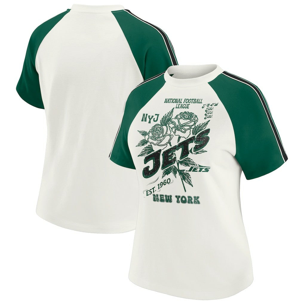 New York Jets  WEAR by Erin Andrews Women's Sleeve Stripe Distressed Raglan T-Shirt