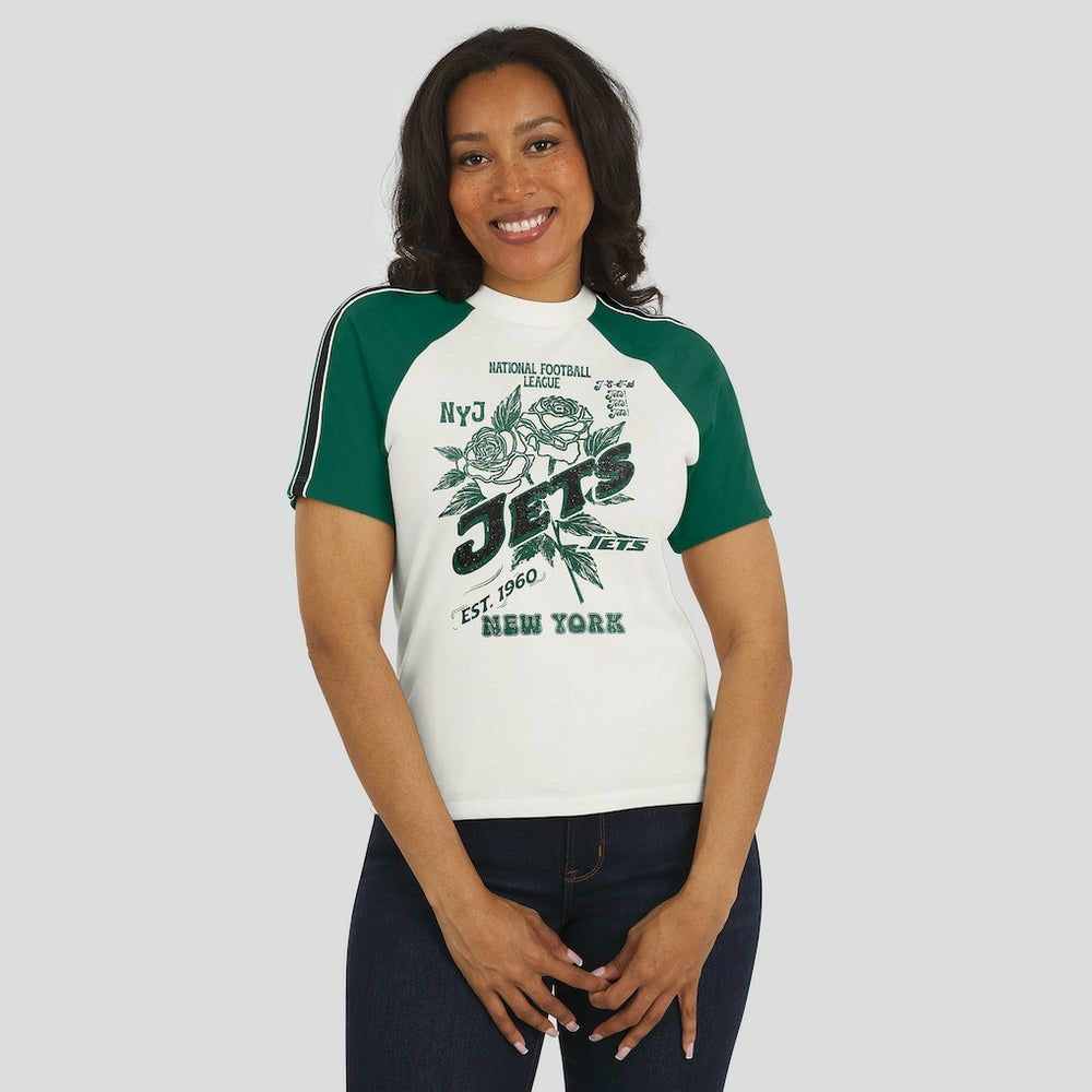 New York Jets  WEAR by Erin Andrews Women's Sleeve Stripe Distressed Raglan T-Shirt