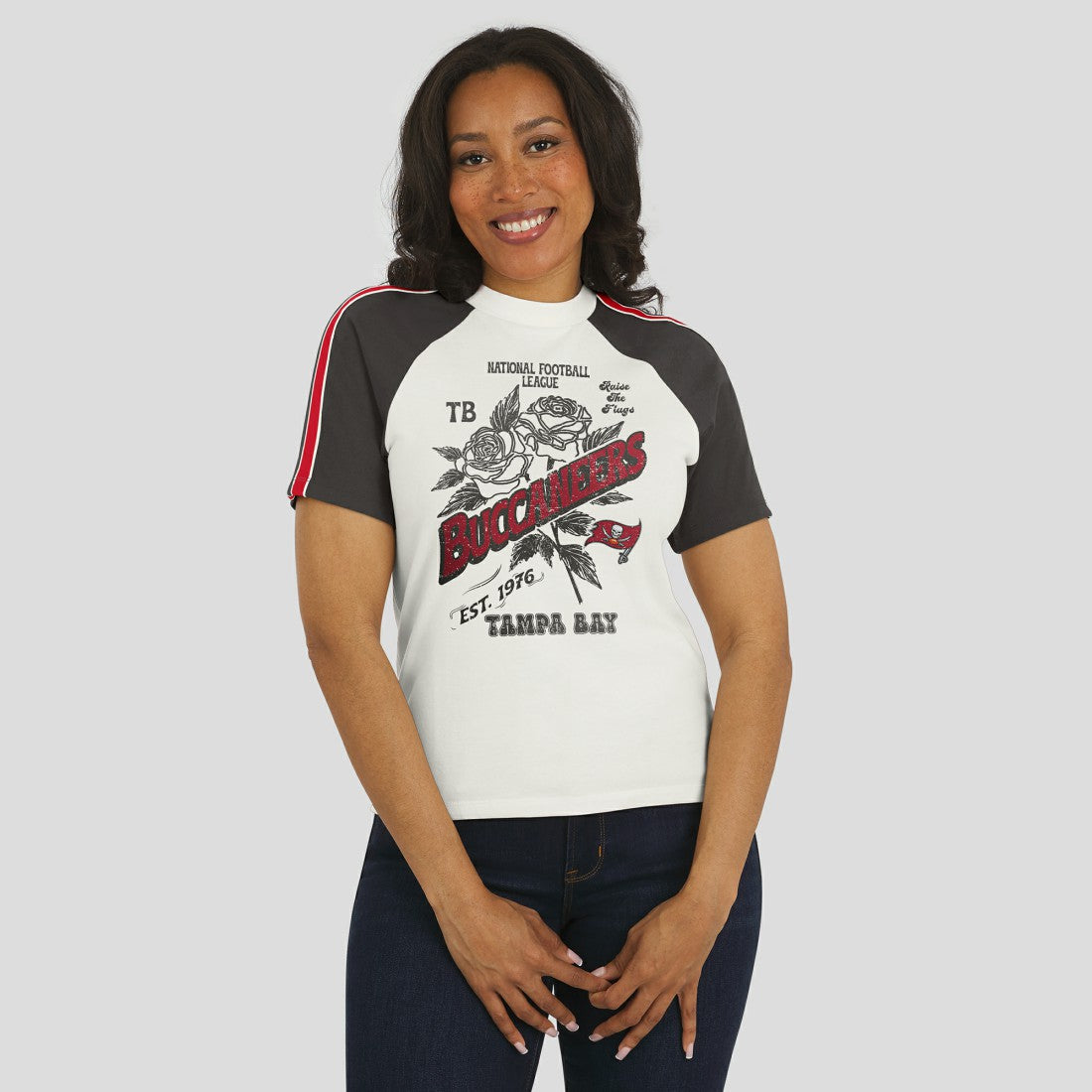 Tampa Bay Buccaneers  WEAR by Erin Andrews Women's Sleeve Stripe Distressed Raglan T-Shirt