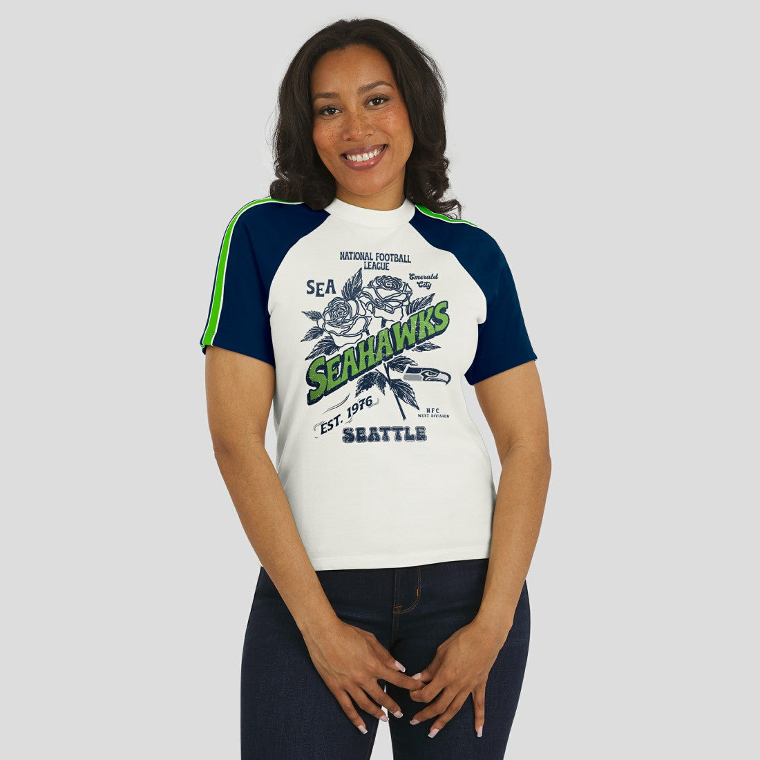 Seattle Seahawks  WEAR by Erin Andrews Women's Sleeve Stripe Distressed Raglan T-Shirt