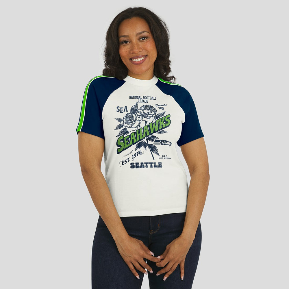 Seattle Seahawks  WEAR by Erin Andrews Women's Sleeve Stripe Distressed Raglan T-Shirt