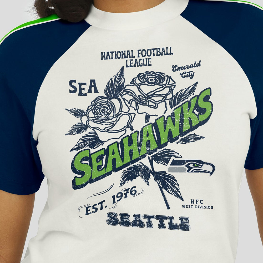 Seattle Seahawks  WEAR by Erin Andrews Women's Sleeve Stripe Distressed Raglan T-Shirt