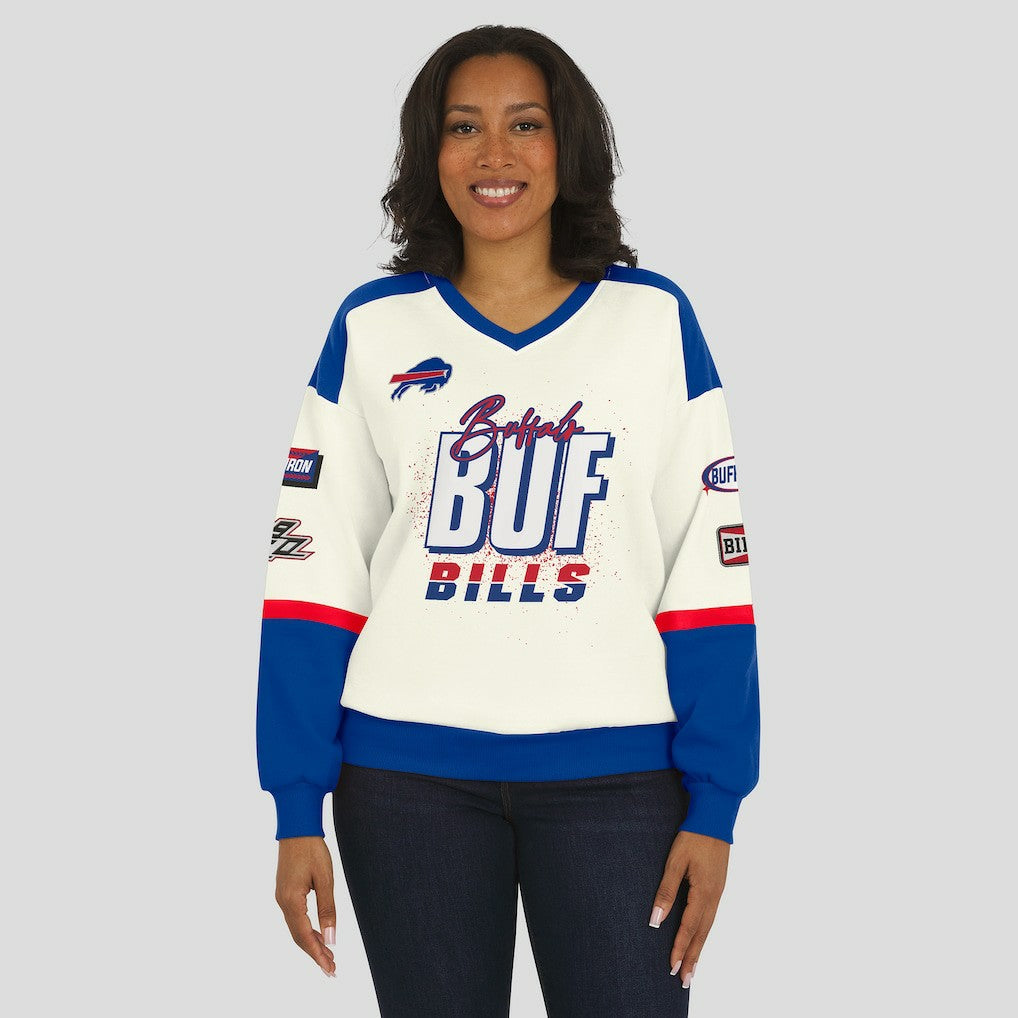 Buffalo Bills  WEAR by Erin Andrews Women's Racing Crew V-Neck Sweatshirt