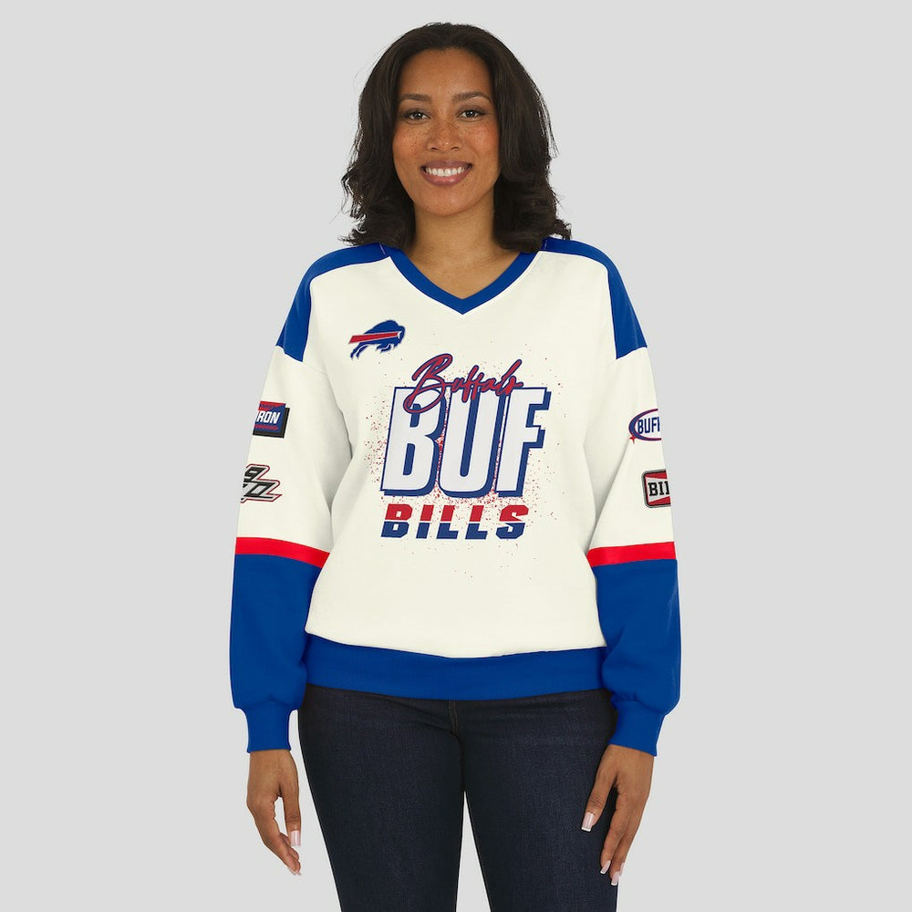 Buffalo Bills  WEAR by Erin Andrews Women's Racing Crew V-Neck Sweatshirt