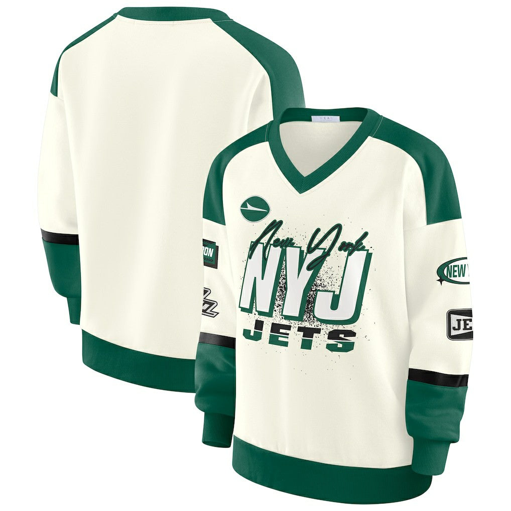 New York Jets  WEAR by Erin Andrews Women's Racing Crew V-Neck Sweatshirt