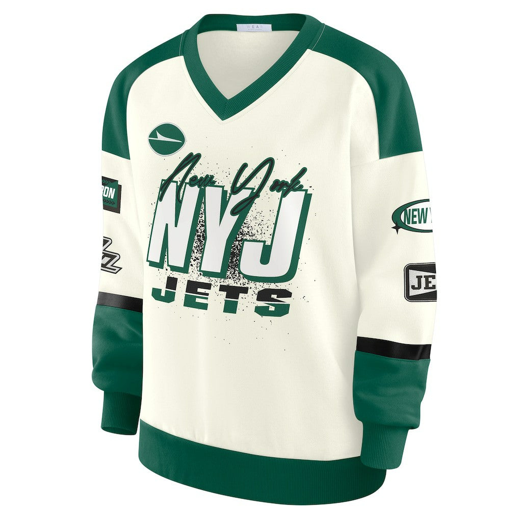 New York Jets  WEAR by Erin Andrews Women's Racing Crew V-Neck Sweatshirt