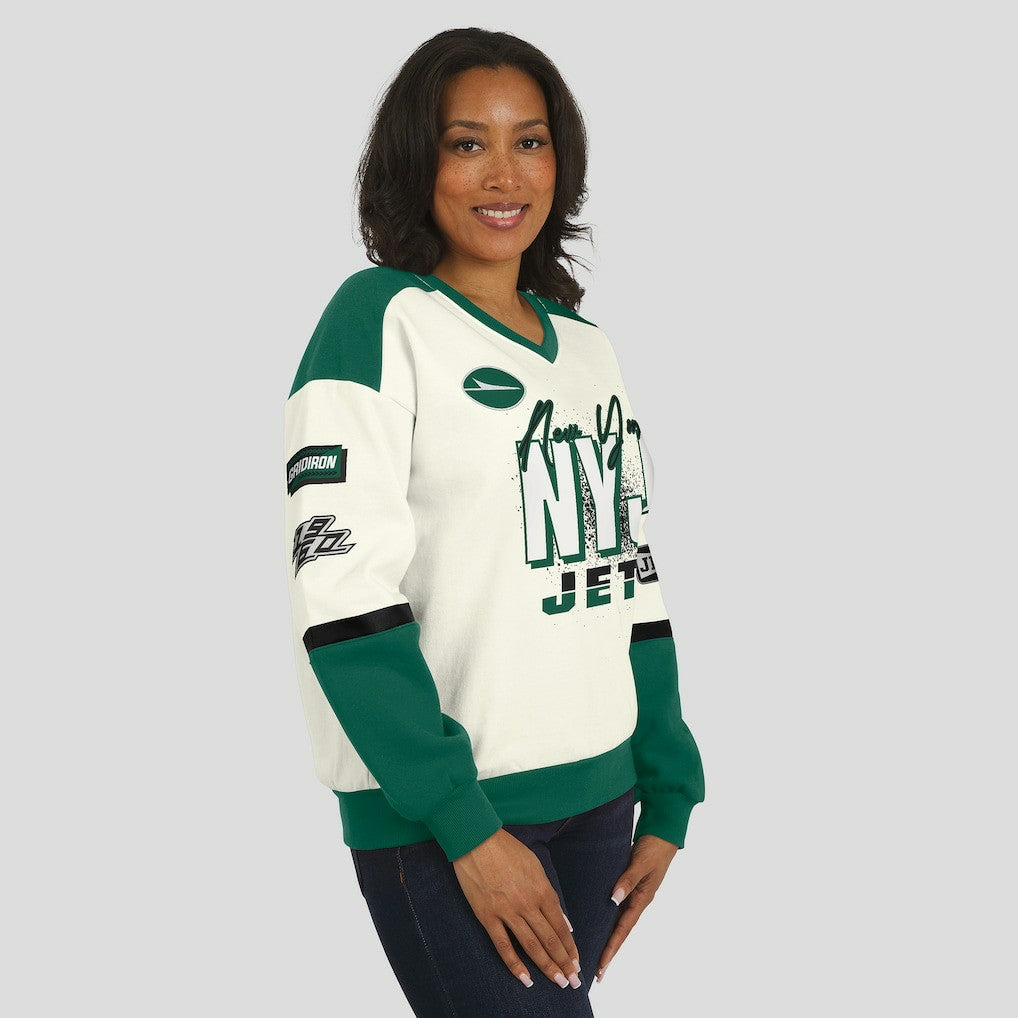 New York Jets  WEAR by Erin Andrews Women's Racing Crew V-Neck Sweatshirt