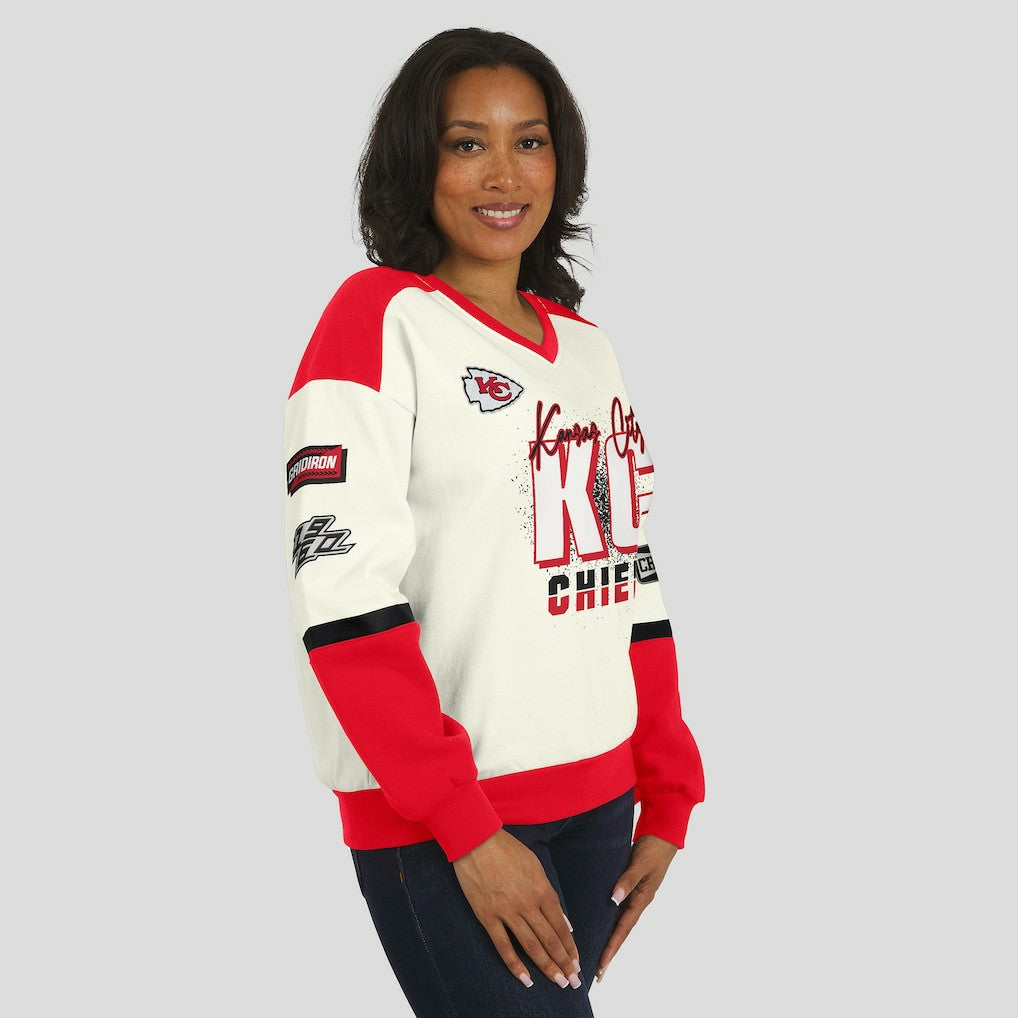 Kansas City Chiefs  WEAR by Erin Andrews Women's Racing Crew V-Neck Sweatshirt