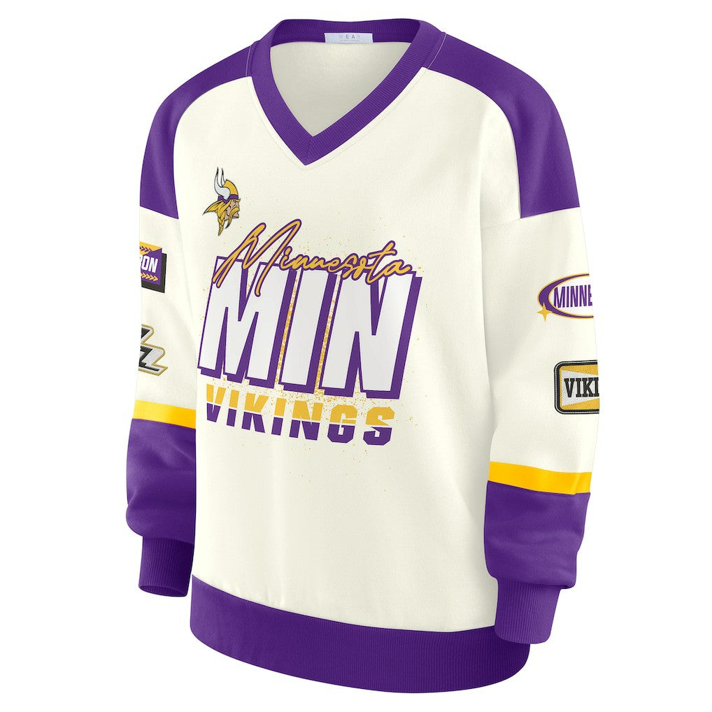 Minnesota Vikings  WEAR by Erin Andrews Women's Racing Crew V-Neck Sweatshirt