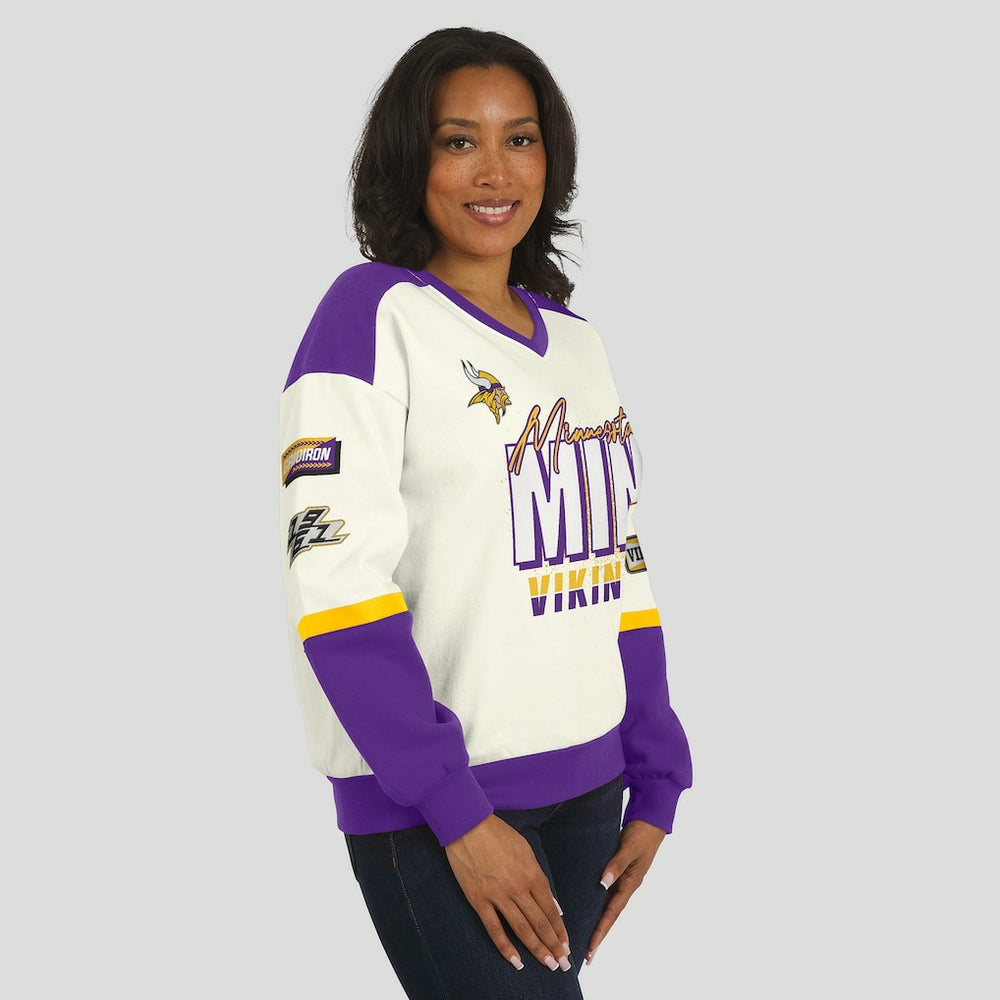 Minnesota Vikings  WEAR by Erin Andrews Women's Racing Crew V-Neck Sweatshirt