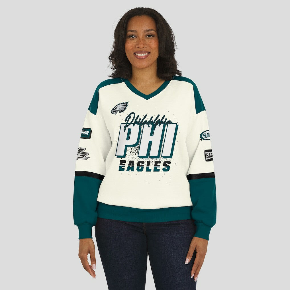 Philadelphia Eagles  WEAR by Erin Andrews Women's Racing Crew V-Neck Sweatshirt