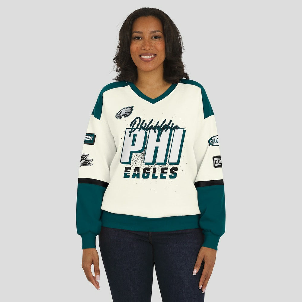Philadelphia Eagles  WEAR by Erin Andrews Women's Racing Crew V-Neck Sweatshirt
