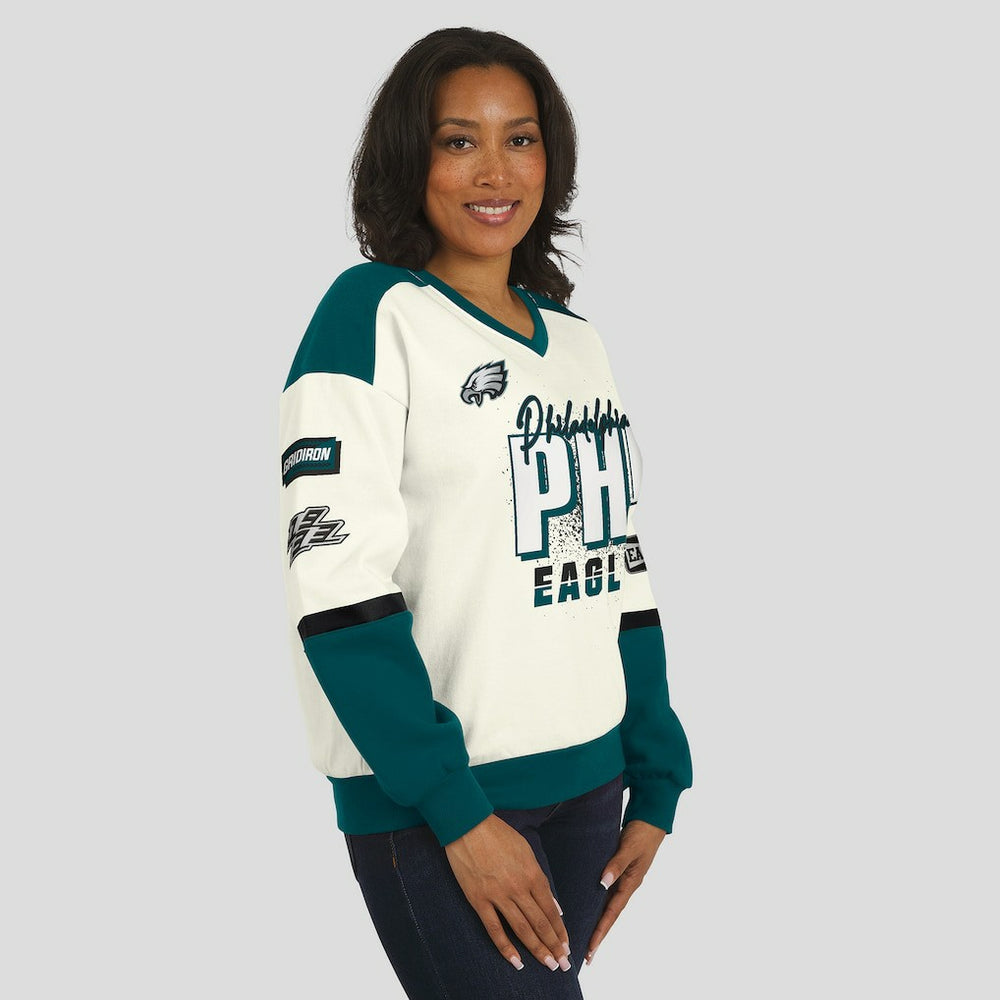 Philadelphia Eagles  WEAR by Erin Andrews Women's Racing Crew V-Neck Sweatshirt
