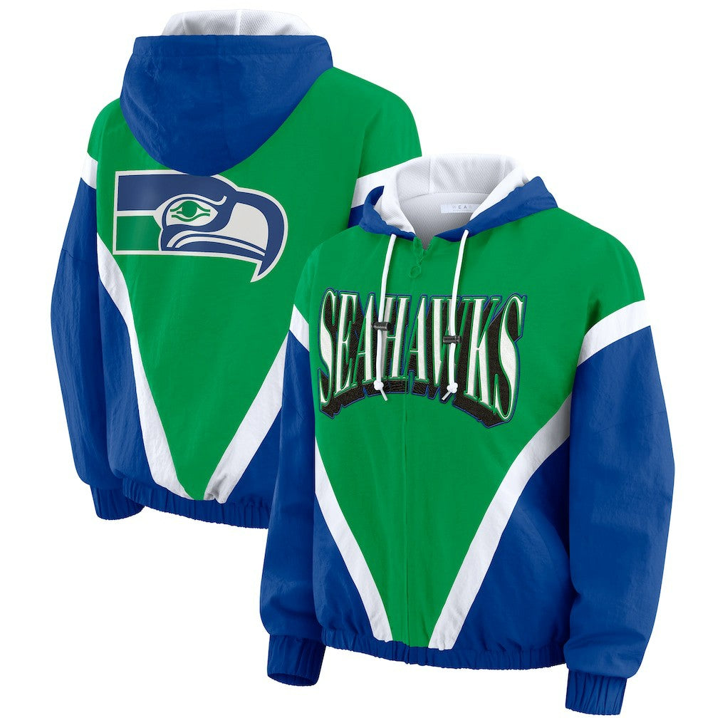 Seattle Seahawks  WEAR by Erin Andrews Women's Plus Size Retro Crinkle Full-Zip Hoodie Windbreaker Jacket