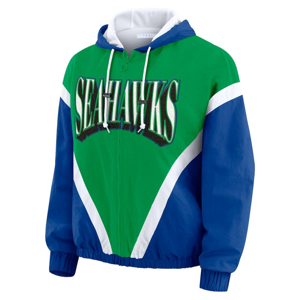 Seattle Seahawks  WEAR by Erin Andrews Women's Plus Size Retro Crinkle Full-Zip Hoodie Windbreaker Jacket