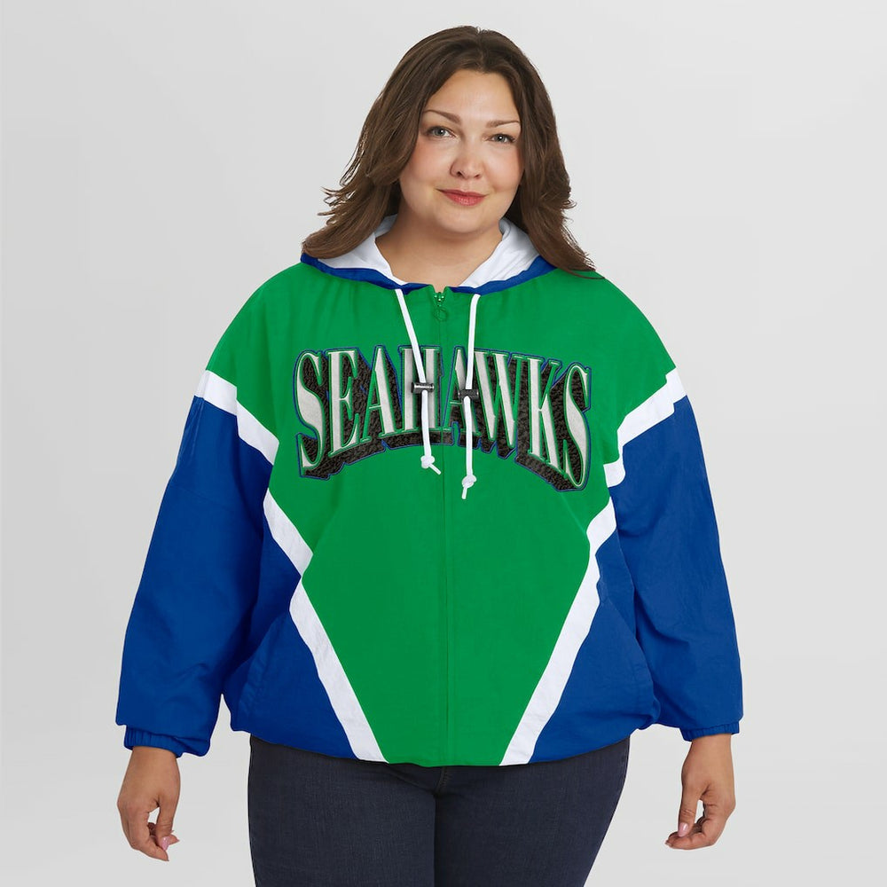 Seattle Seahawks  WEAR by Erin Andrews Women's Plus Size Retro Crinkle Full-Zip Hoodie Windbreaker Jacket