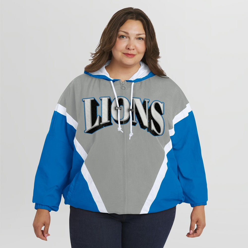 Detroit Lions  WEAR by Erin Andrews Women's Plus Size Retro Crinkle Full-Zip Hoodie Windbreaker Jacket
