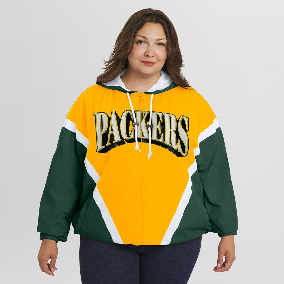 Green Bay Packers  WEAR by Erin Andrews Women's Plus Size Retro Crinkle Full-Zip Hoodie Windbreaker Jacket