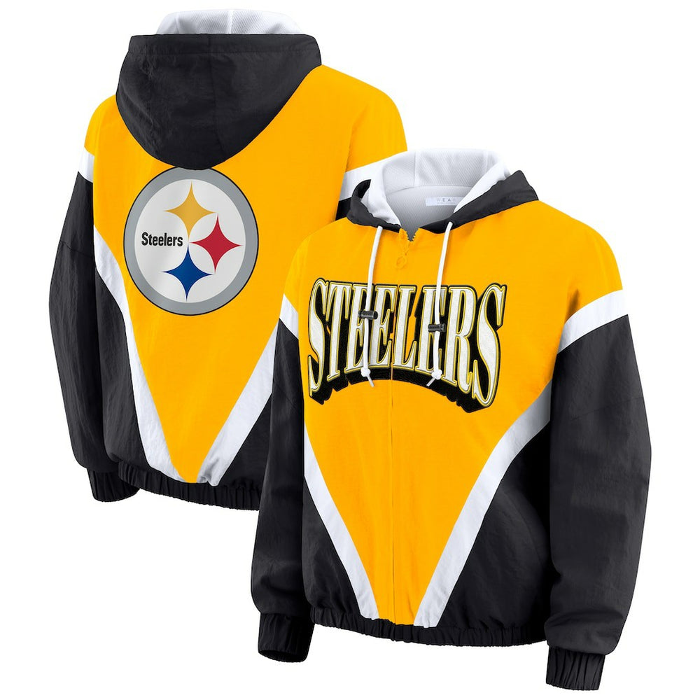 Pittsburgh Steelers  WEAR by Erin Andrews Women's Plus Size Retro Crinkle Full-Zip Hoodie Windbreaker Jacket