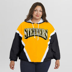 Pittsburgh Steelers  WEAR by Erin Andrews Women's Plus Size Retro Crinkle Full-Zip Hoodie Windbreaker Jacket