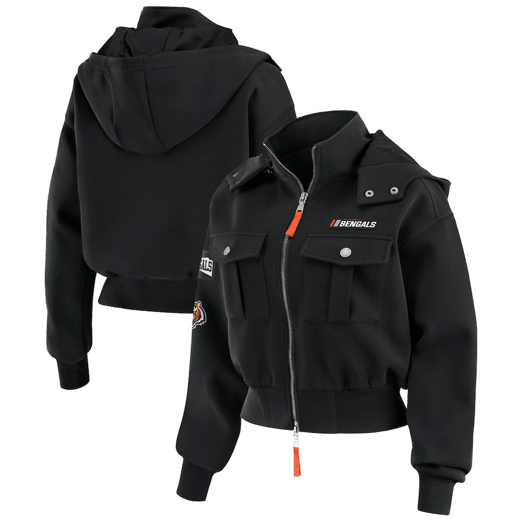 Cincinnati Bengals  WEAR by Erin Andrews Women's Tri-Blend Patch Pocket Cropped Full-Zip Bomber Hoodie Jacket