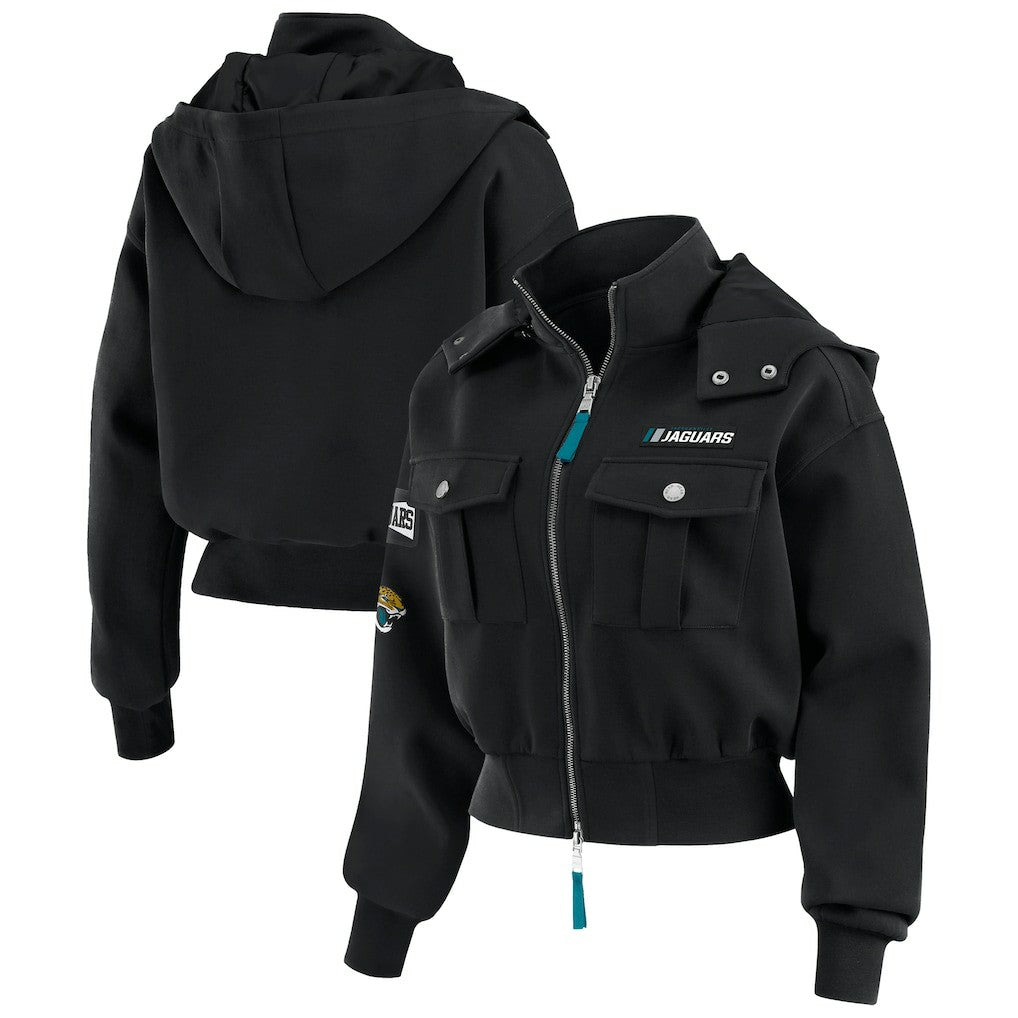 Jacksonville Jaguars  WEAR by Erin Andrews Women's Tri-Blend Patch Pocket Cropped Full-Zip Bomber Hoodie Jacket