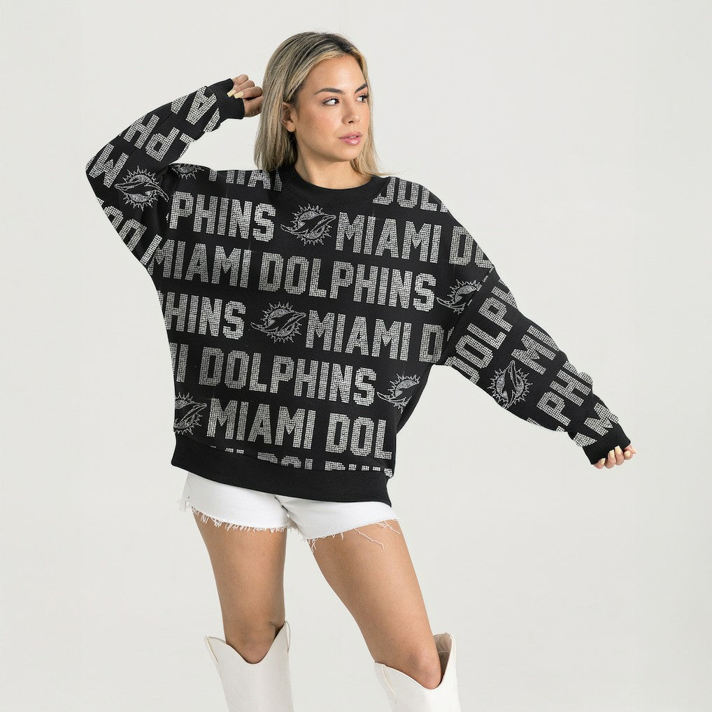 Miami Dolphins  Gameday Couture Women's Oversized Hype Era Rhinestone Text Sweatshirt