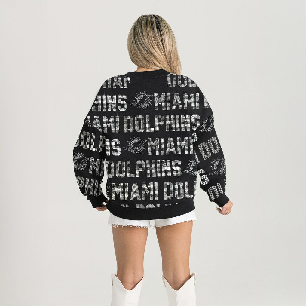 Miami Dolphins  Gameday Couture Women's Oversized Hype Era Rhinestone Text Sweatshirt