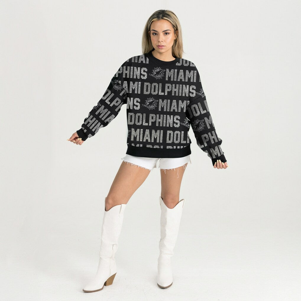 Miami Dolphins  Gameday Couture Women's Oversized Hype Era Rhinestone Text Sweatshirt