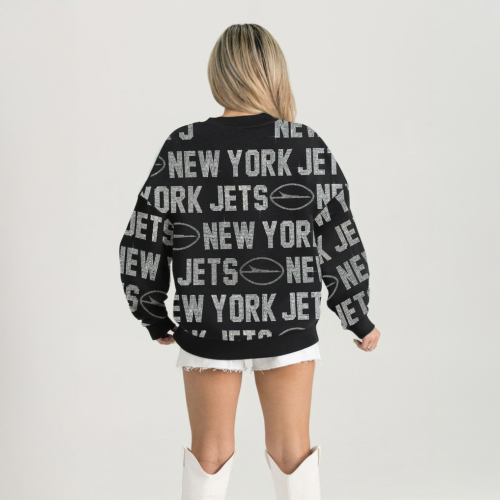 New York Jets New Era Gameday Couture Women's Oversized Hype Era Rhinestone Text Sweatshirt