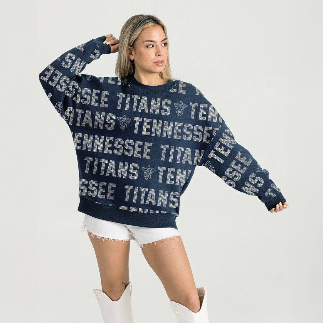 Tennessee Titans  Gameday Couture Women's Oversized Hype Era Rhinestone Text Sweatshirt
