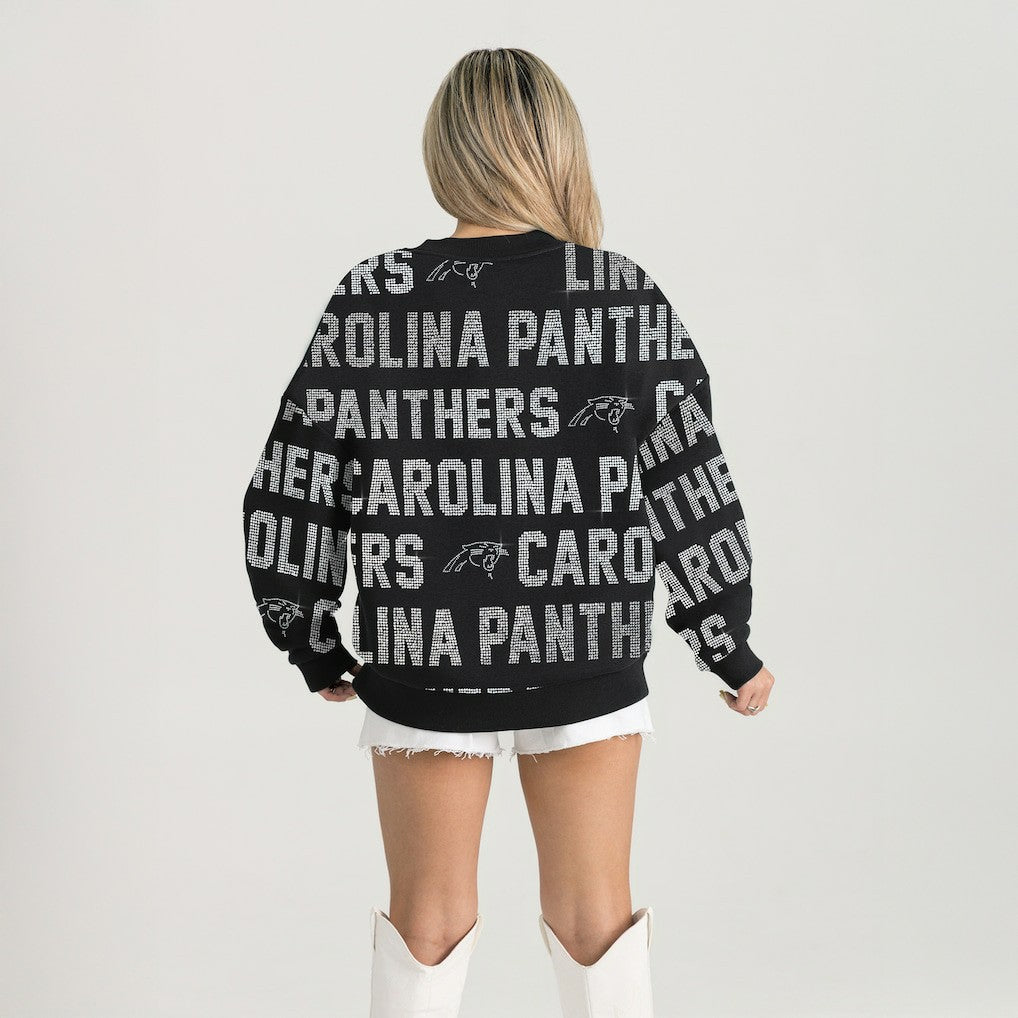 Carolina Panthers  Gameday Couture Women's Oversized Hype Era Rhinestone Text Sweatshirt