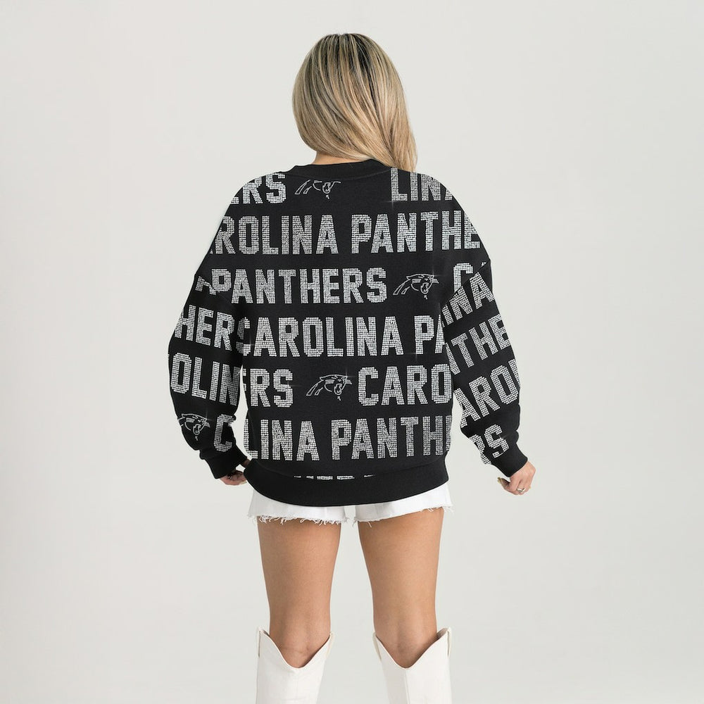 Carolina Panthers  Gameday Couture Women's Oversized Hype Era Rhinestone Text Sweatshirt