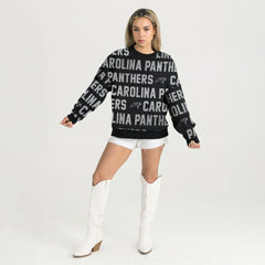 Carolina Panthers  Gameday Couture Women's Oversized Hype Era Rhinestone Text Sweatshirt