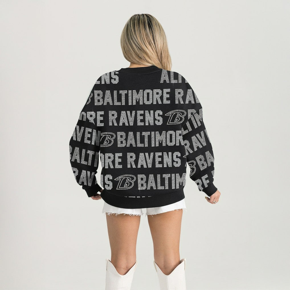Baltimore Ravens  Gameday Couture Women's Oversized Hype Era Rhinestone Text Sweatshirt