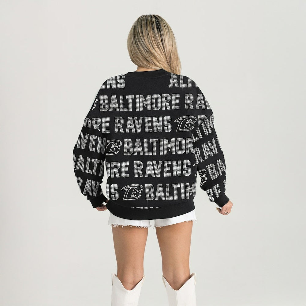Baltimore Ravens  Gameday Couture Women's Oversized Hype Era Rhinestone Text Sweatshirt