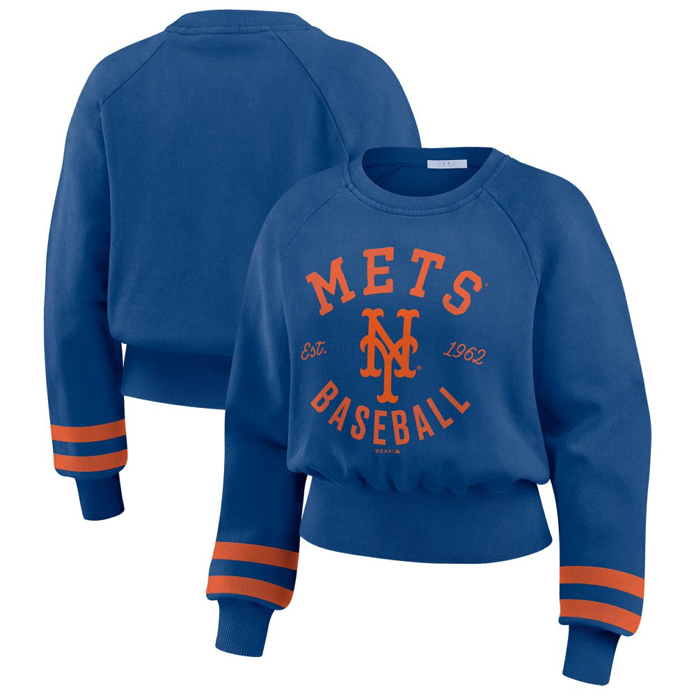 New York Mets WEAR by Erin Andrews Women's Vintage Washed Cropped Pullover Sweatshirt | MLB On Sale
