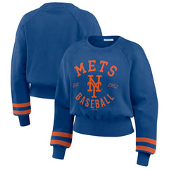 New York Mets WEAR by Erin Andrews Women's Vintage Washed Cropped Pullover Sweatshirt | MLB On Sale