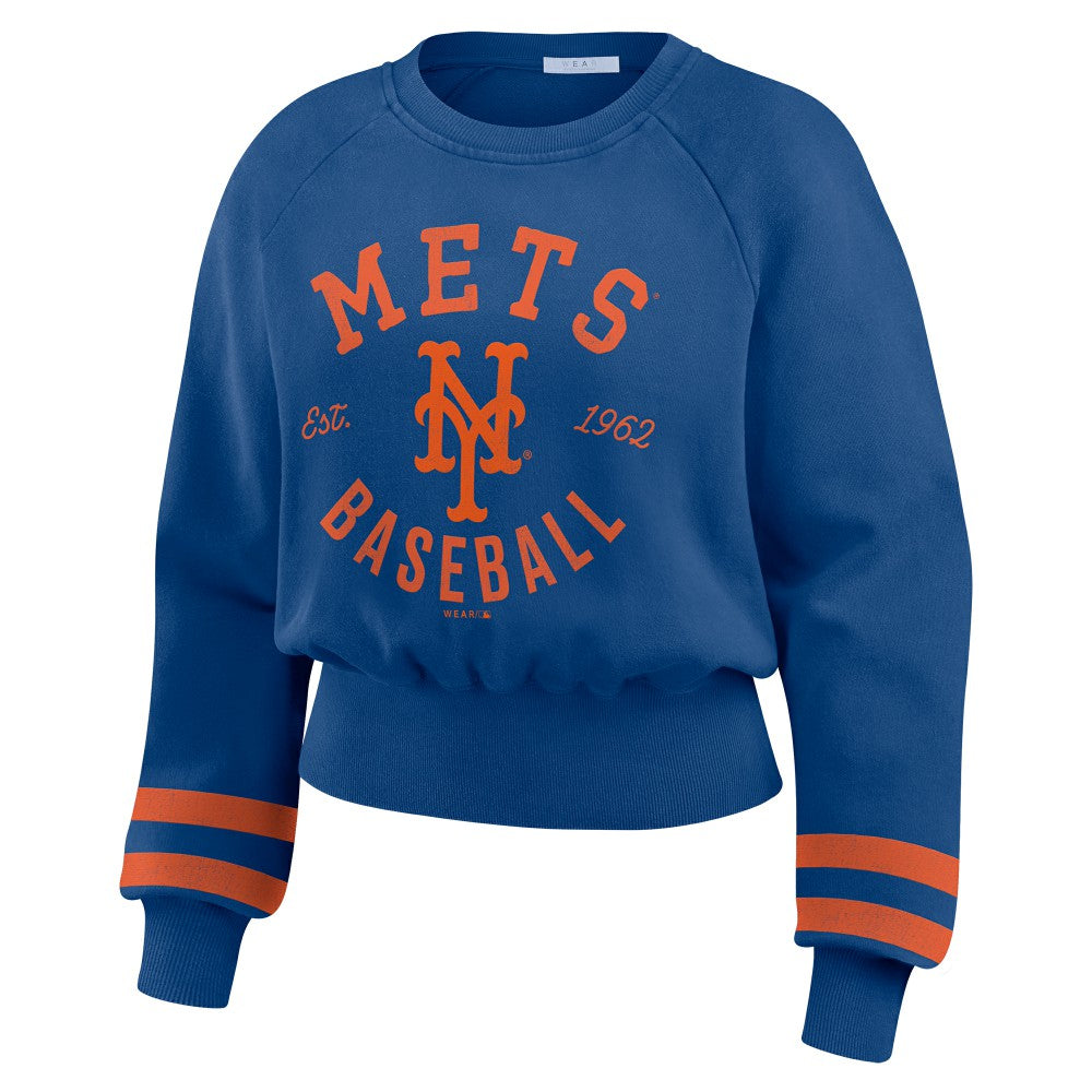 New York Mets WEAR by Erin Andrews Women's Vintage Washed Cropped Pullover Sweatshirt | MLB On Sale