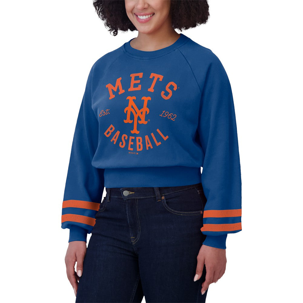 New York Mets WEAR by Erin Andrews Women's Vintage Washed Cropped Pullover Sweatshirt | MLB On Sale