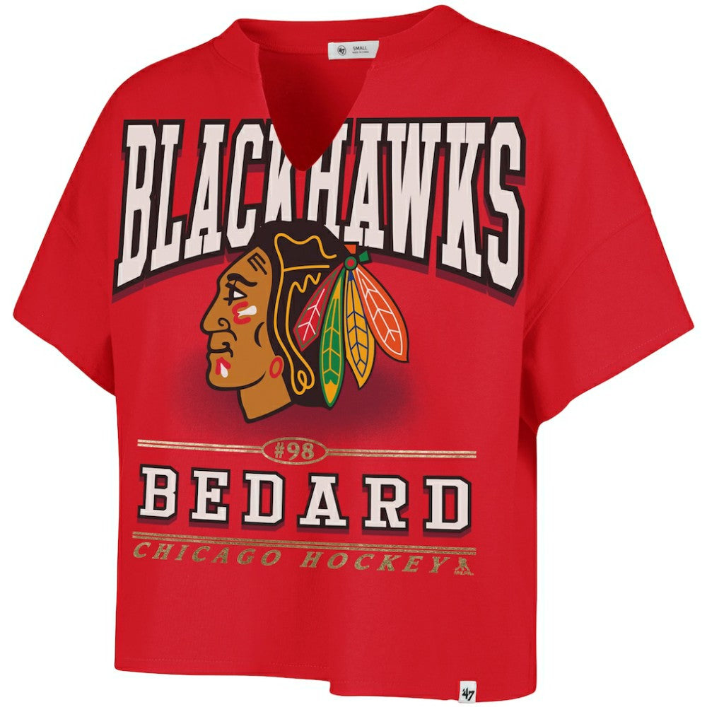 Connor Bedard Chicago Blackhawks '47 Women's Elation Name & Number Oversized Notch Neck T-Shirt Discount