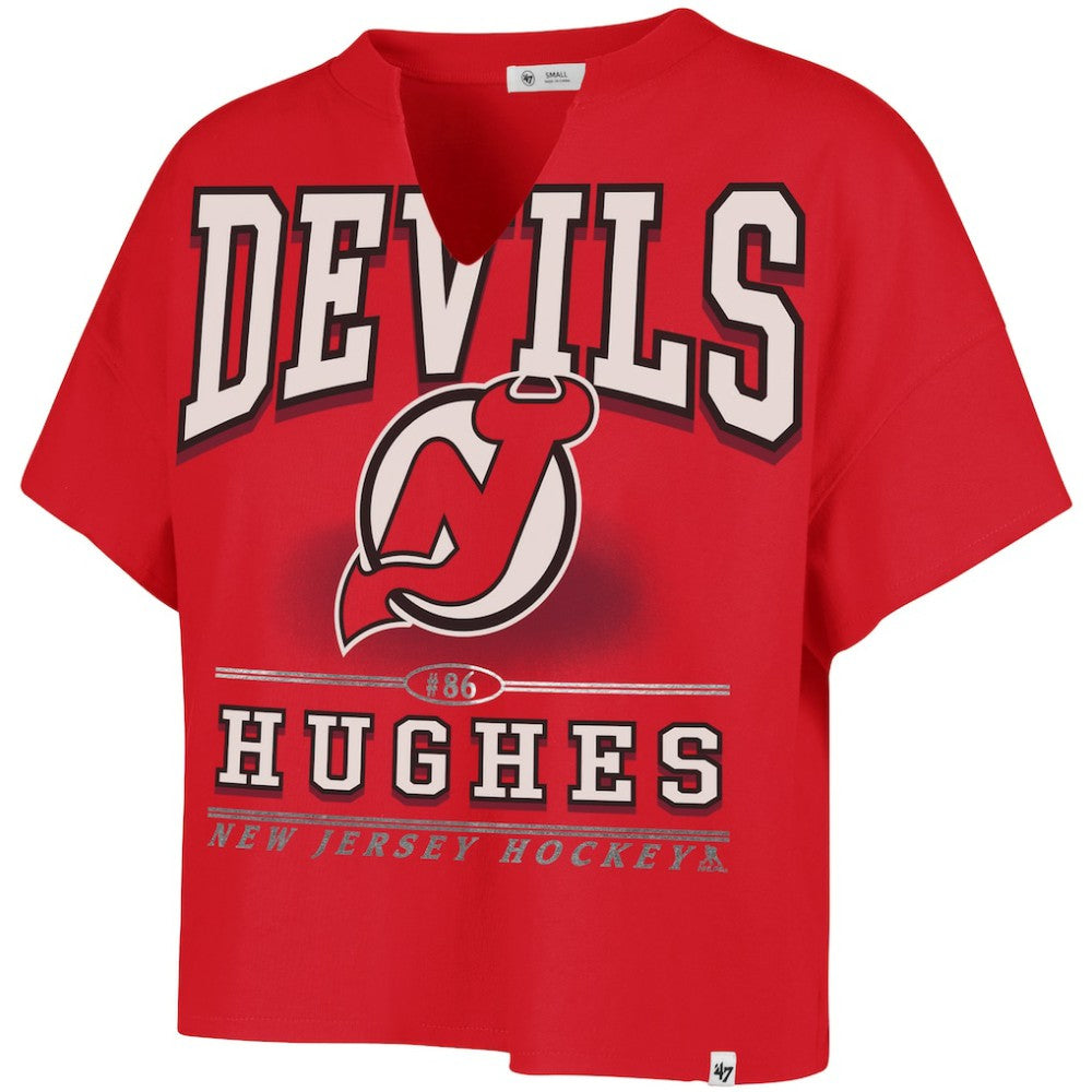 Jack Hughes New Jersey Devils '47 Women's Elation Name & Number Oversized Notch Neck T-Shirt Sale