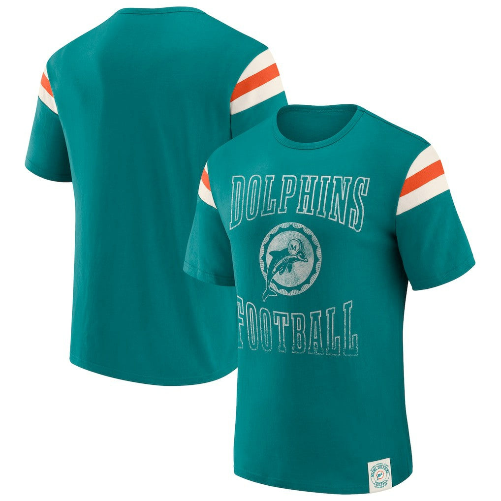 Miami Dolphins Fanatics Darius Rucker Collection Distressed Throwback Shoulder Stripe T-Shirt